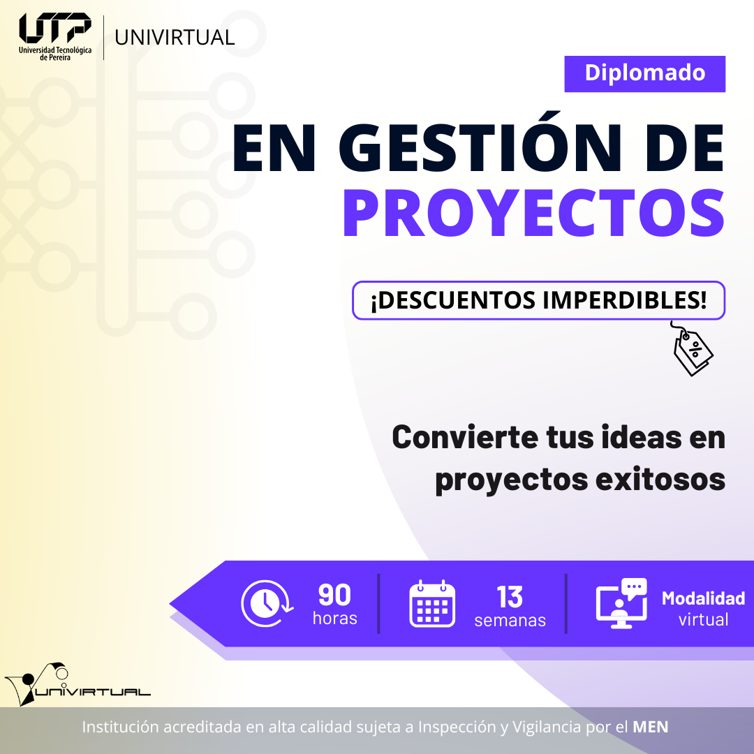 Con el propósito de fortalecer las capacidades profesionales de quienes lideran o participan en iniciativas organizacionales, la Universidad Tecnológica de Pereira, a través de Univirtual, abre la convocatoria para el Diplomado en Gestión de Proyectos, una propuesta formativa que ofrece una visión práctica sobre la manera de estructurar, ejecutar y controlar proyectos, tanto en el ámbito empresarial como en iniciativas personales.