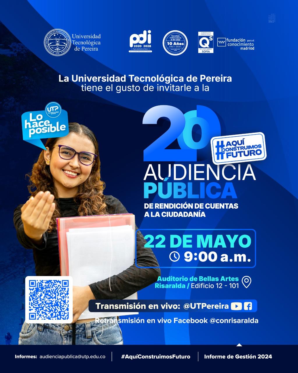 La Universidad Tecnológica de Pereira conmemora este año un hito significativo en su trayectoria institucional: la realización de su 20ª Audiencia Pública de Rendición de Cuentas, que se llevará a cabo el próximo 22 de mayo a las 9:00 a.m. en el Teatro Bellas Artes de Risaralda. Este evento representa dos décadas de compromiso con la transparencia, el diálogo y la construcción colectiva del futuro universitario.