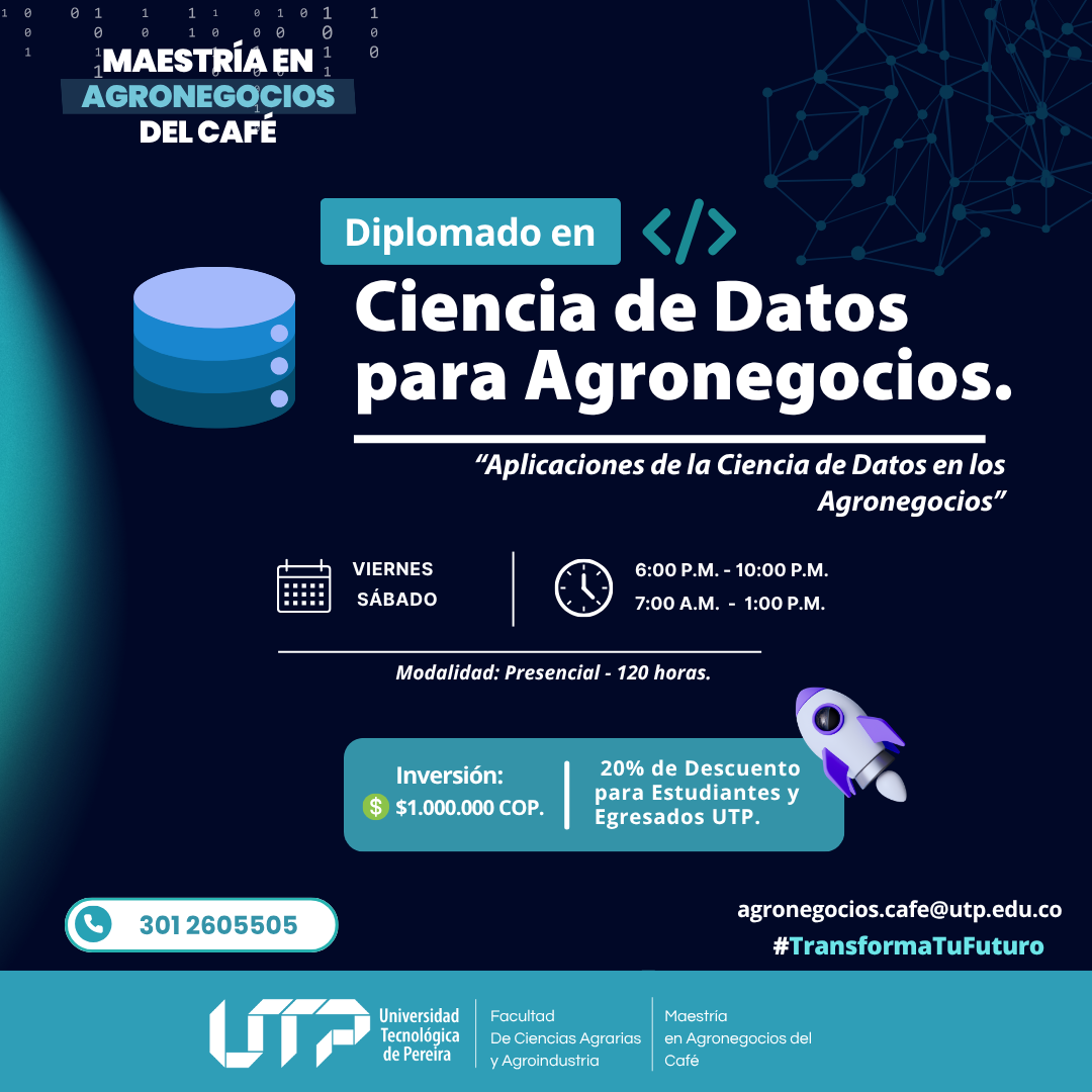 La Universidad Tecnológica de Pereira continúa fortaleciendo su oferta académica con el lanzamiento del Diplomado en Ciencia de Datos para Agronegocios, una propuesta formativa pensada para enfrentar los desafíos del sector agroalimentario con herramientas tecnológicas de vanguardia. Durante 12 semanas, los participantes adquirirán conocimientos clave para analizar datos, tomar decisiones estratégicas y optimizar procesos productivos.