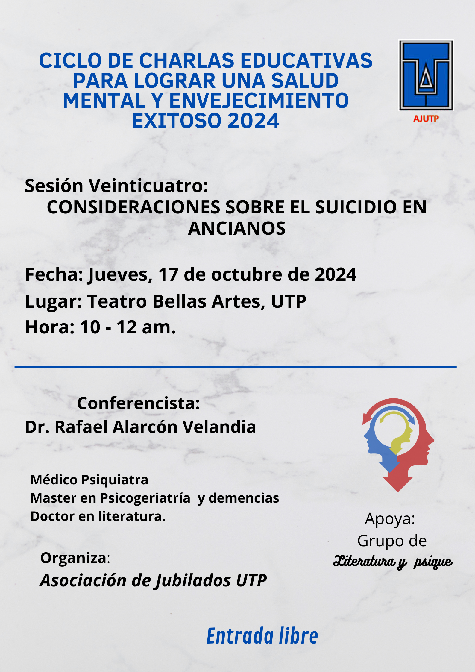 La Asociación de Jubilados de la Universidad Tecnológica de Pereira (AJUTP) ha organizado una charla que busca abordar un tema de gran sensibilidad y relevancia: el suicidio en adultos mayores. Esta actividad, programada para el 17 de octubre en el Teatro Bellas Artes de la UTP, tiene como objetivo central concienciar al público sobre la importancia de la salud mental en la tercera edad.