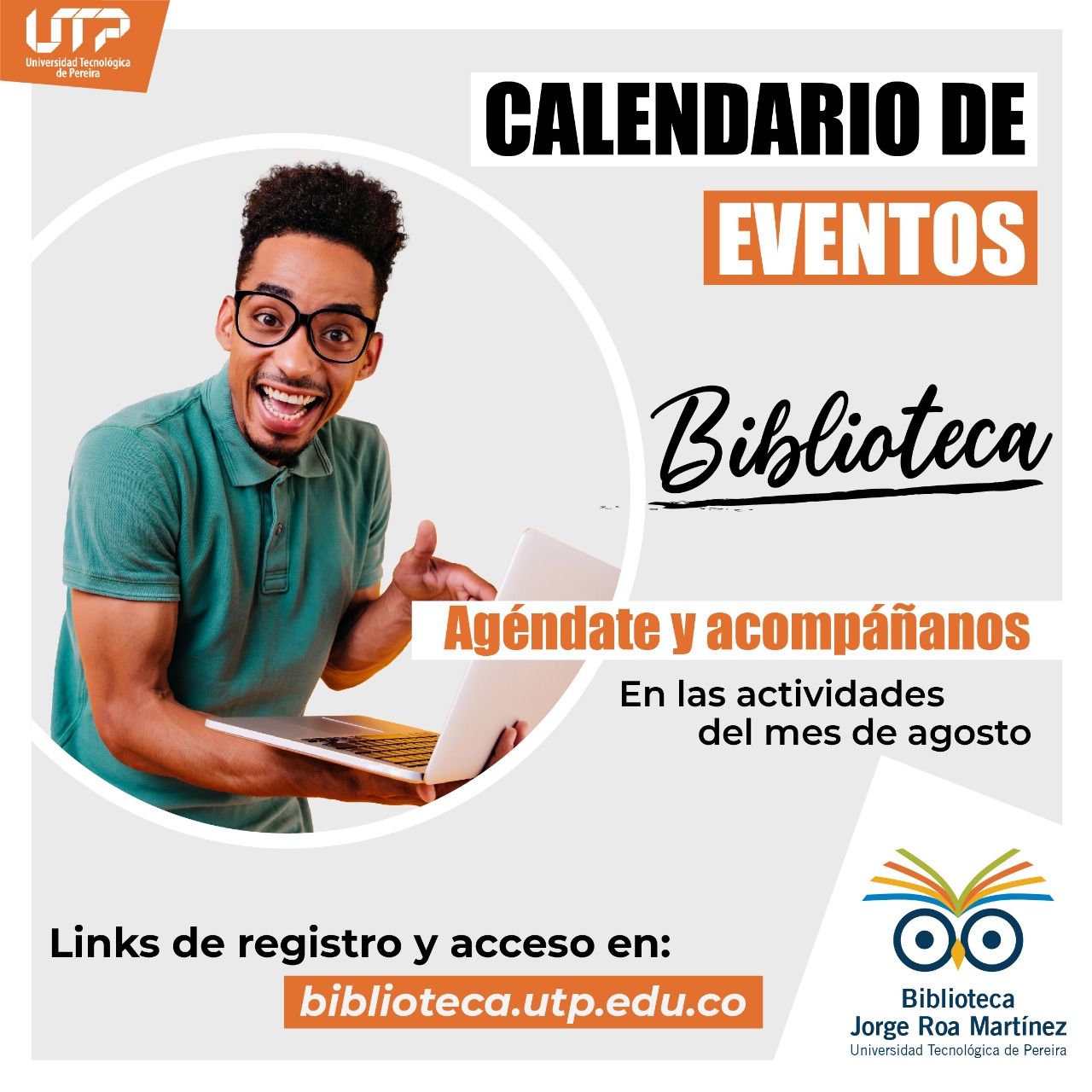 Calendario de eventos de Biblioteca UTP agosto 2021
