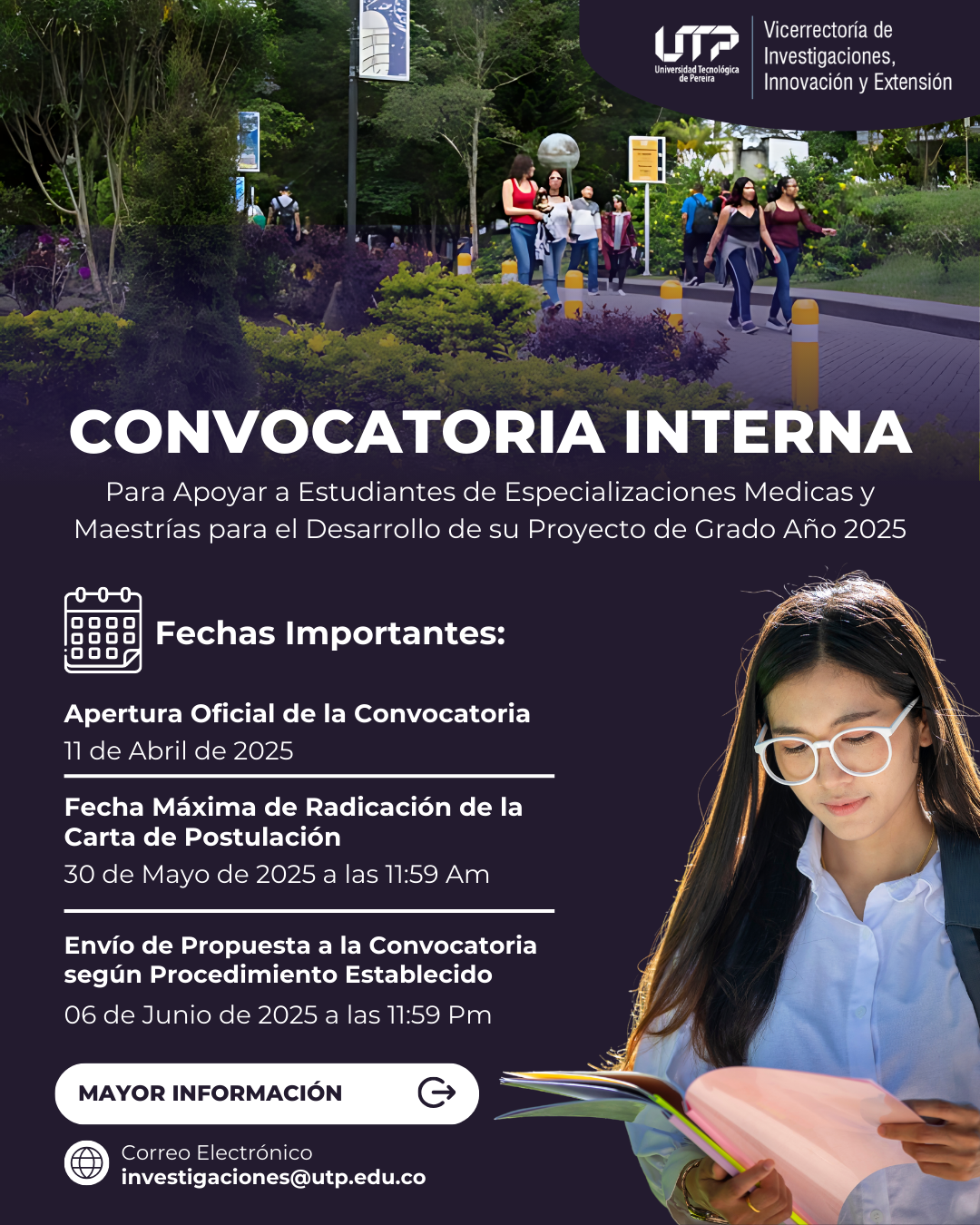 La Universidad Tecnológica de Pereira invita a los estudiantes de especializaciones médicas y maestrías a participar en la convocatoria de apoyo a proyectos de grado, que iniciará su ejecución a partir de agosto de 2025.