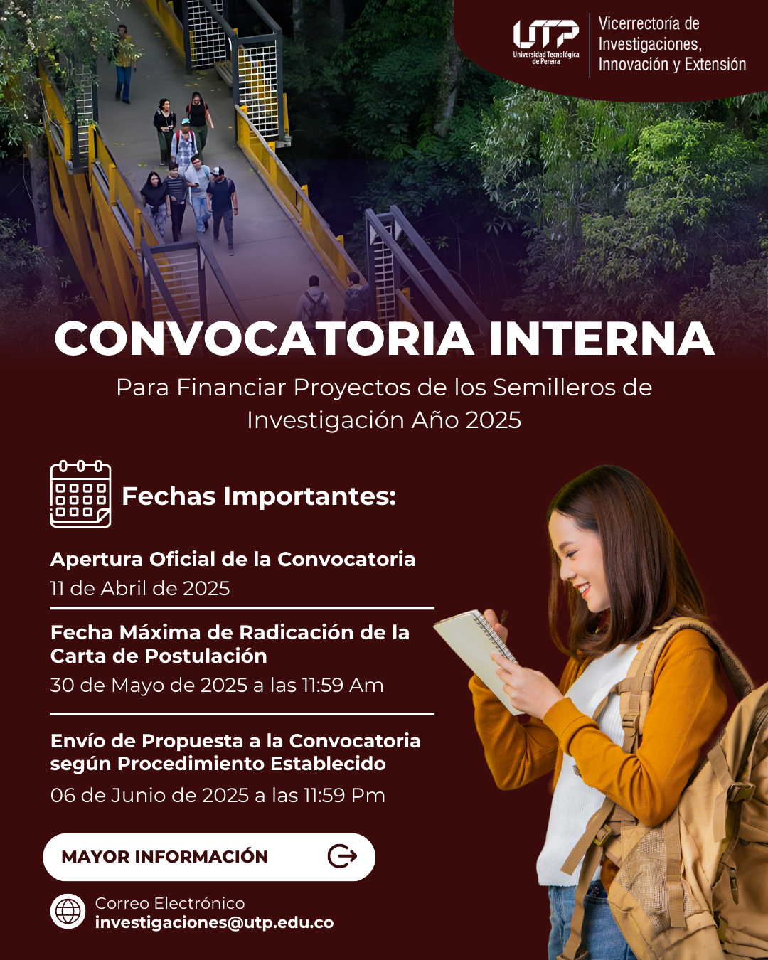 La Universidad Tecnológica de Pereira invita a los semilleros de investigación institucionalizados a participar en la convocatoria para financiar proyectos de investigación que se ejecutarán a partir de agosto de 2025.