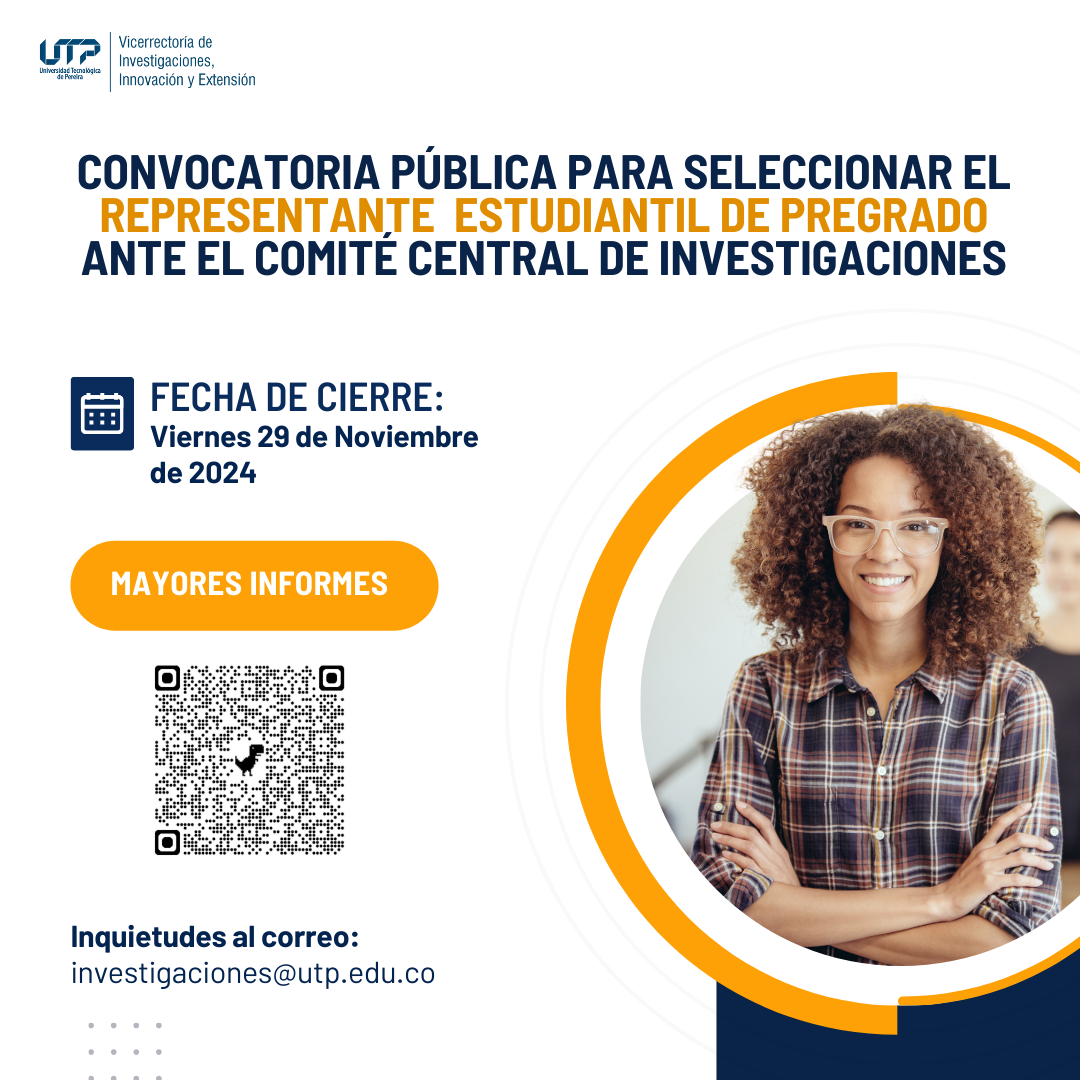 La Universidad Tecnológica de Pereira, a través de la Vicerrectoría de Investigaciones, Innovación y Extensión, invita a los estudiantes de pregrado a participar en la convocatoria para seleccionar al representante estudiantil ante el Comité Central de Investigaciones. Este proceso se lleva a cabo en cumplimiento del Acuerdo del Consejo Superior Universitario No. 028 del 3 de agosto de 2016, que regula el fomento a la investigación en la institución.