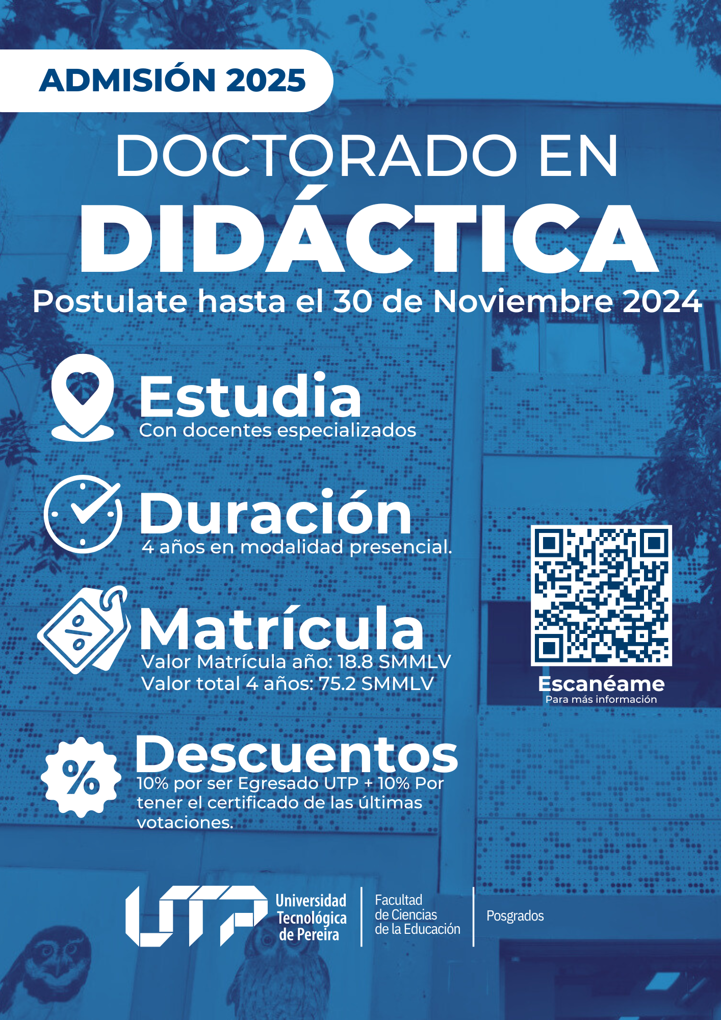 La Universidad Tecnológica de Pereira ha anunciado que las inscripciones para su Doctorado en Didáctica están abiertas hasta el 30 de noviembre de 2024. Este programa está dirigido a profesionales interesados en profundizar su conocimiento en el campo educativo, con el objetivo de formar especialistas capaces de transformar la enseñanza a través de la investigación y la innovación pedagógica.