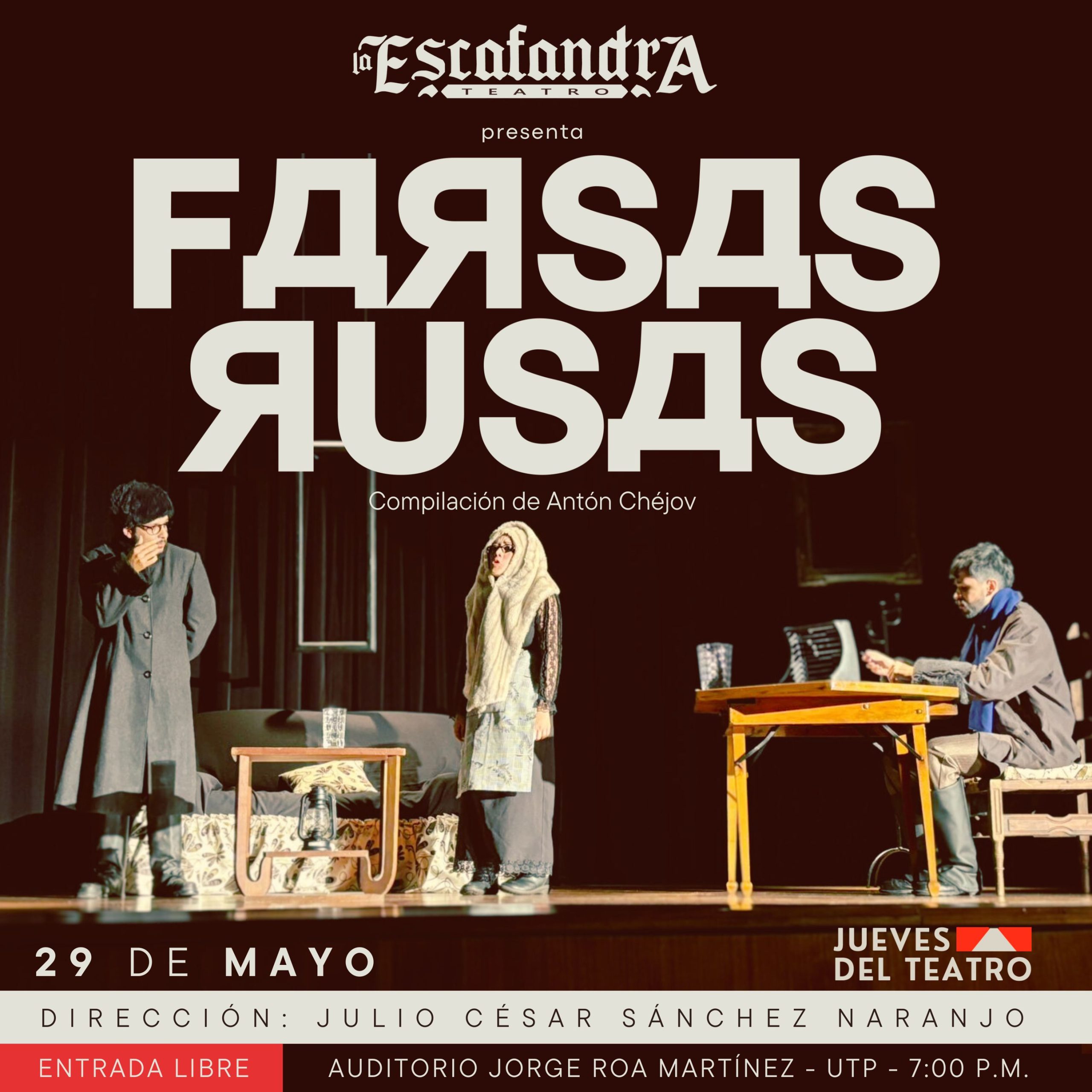 En el marco de la programación cultural Jueves del Teatro, la Universidad Tecnológica de Pereira invita a la comunidad universitaria y al público general a disfrutar de la obra Farsas Rusas, una puesta en escena del grupo La Escafandra Teatro, que se presentará el jueves 29 de mayo a las 7:00 p. m. en el Auditorio Jorge Roa Martínez. La entrada es libre, con cupo limitado.