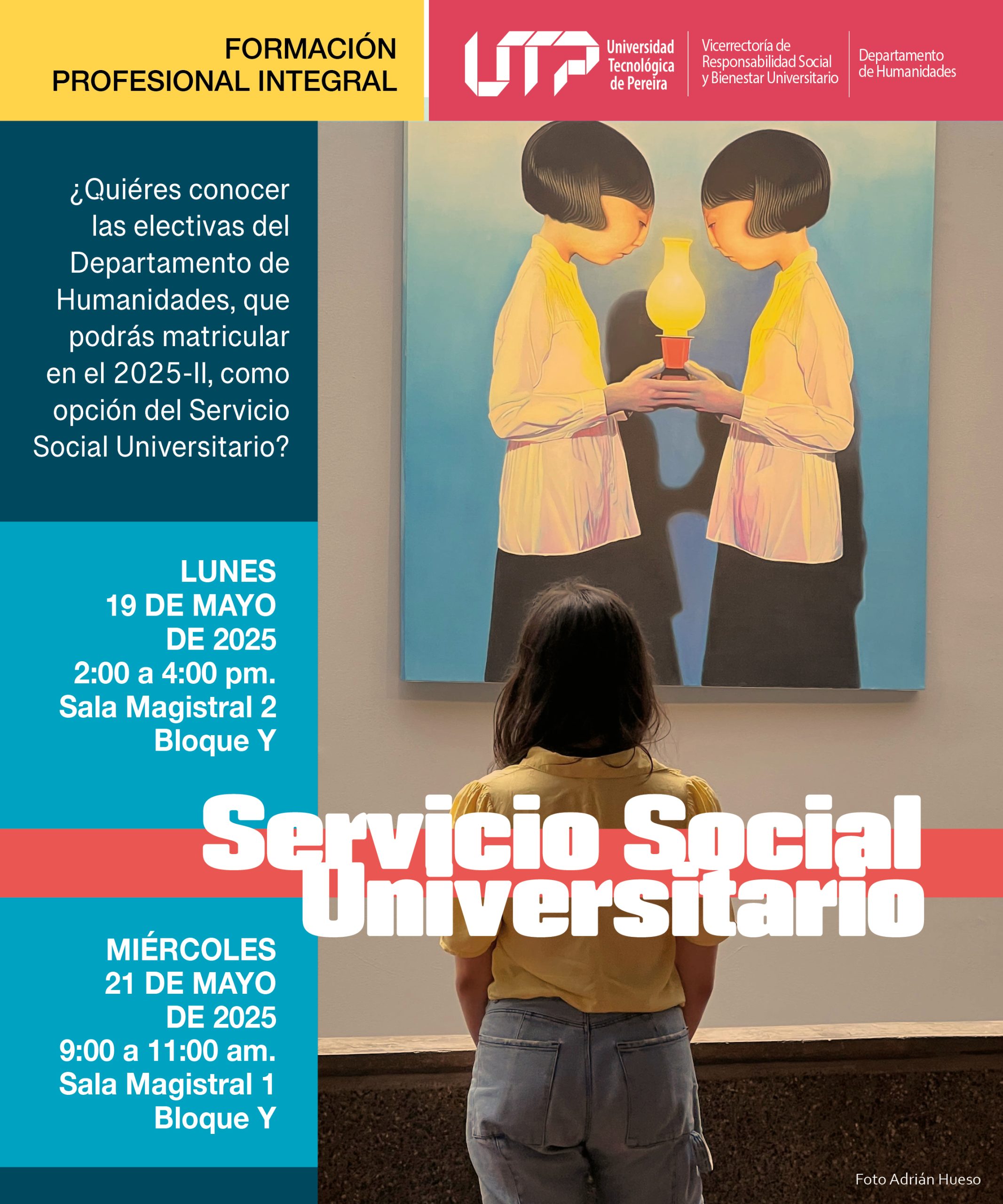 El Departamento de Humanidades de la Universidad Tecnológica de Pereira informa que, a partir del segundo semestre de 2025, los estudiantes que deban cumplir con el Servicio Social Universitario contarán con nuevas alternativas académicas. Se trata de cuatro cátedras electivas que han sido diseñadas para fortalecer la Formación Profesional Integral, mediante el análisis y la reflexión crítica sobre realidades y problemáticas contemporáneas.