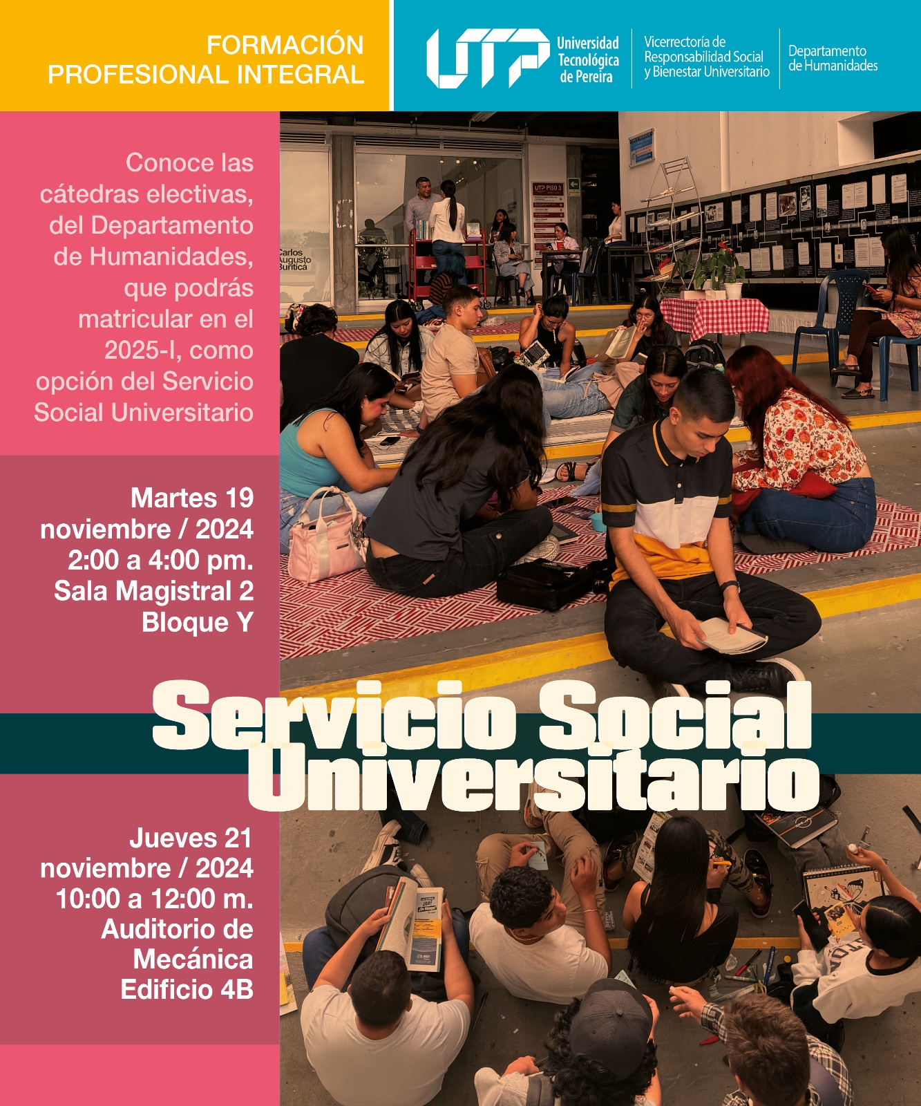 A partir del primer semestre de 2025, los estudiantes de la UTP podrán matricular cuatro de las cátedras electivas del Departamento de Humanidades, para atender el compromiso de corresponsabilidad con el Servicio Social Universitario. Estas cátedras apuntan a fortalecer la Formación Profesional Integral de los estudiantes, aportando herramientas para la comprensión de realidades y problemáticas contemporáneas. 