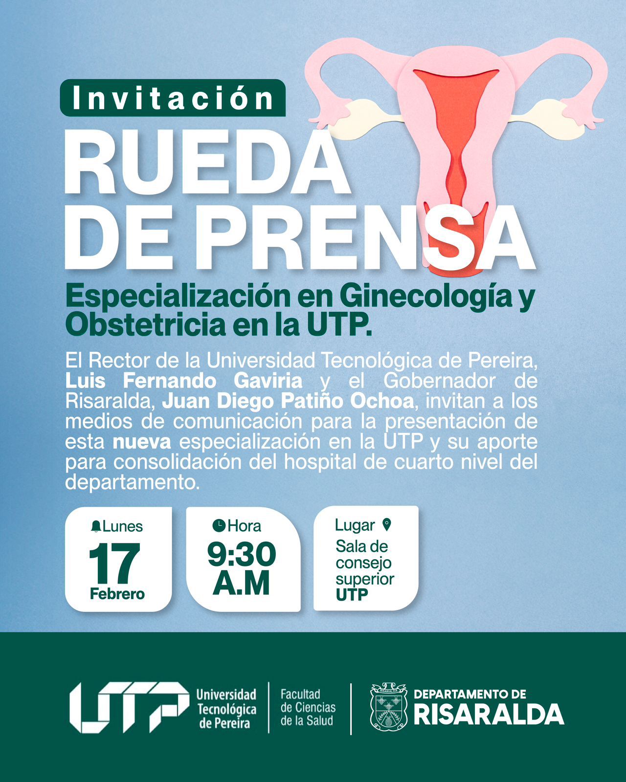 La Universidad Tecnológica de Pereira y la Gobernación de Risaralda invitan a la comunidad académica, medios de comunicación y sector salud a la rueda de prensa donde se presentará la nueva Especialización en Ginecología y Obstetricia de la Facultad de Ciencias de la Salud.