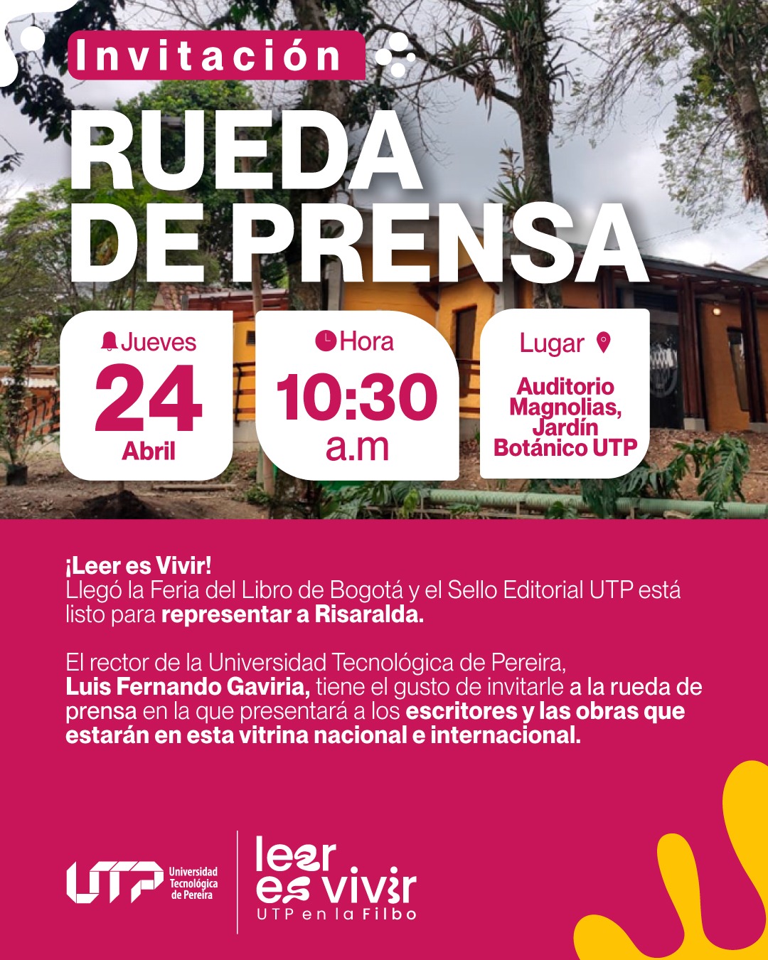 Para dar a conocer a los autores que representarán a la institución en esta importante vitrina editorial, la Universidad extiende una cordial invitación a periodistas, medios de comunicación, comunidad académica y ciudadanía en general a participar en la rueda de prensa oficial, que se llevará a cabo: 📍 Lugar: Auditorio Magnolias, Jardín Botánico UTP 📅 Fecha: Miércoles 24 de abril de 2025 🕥 Hora: 10:30 a. m.