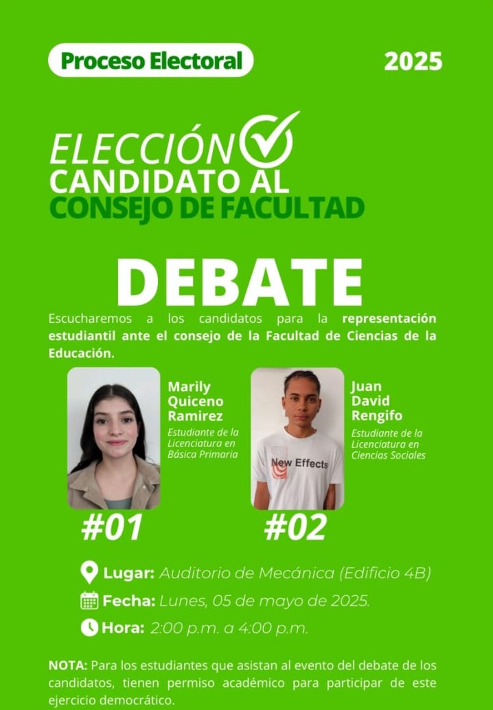 La Facultad de Ciencias de la Educación de la Universidad Tecnológica de Pereira invita a todos sus estudiantes a participar activamente en el proceso electoral para elegir su representación ante el Consejo de Facultad, un espacio clave para la toma de decisiones académicas y administrativas.