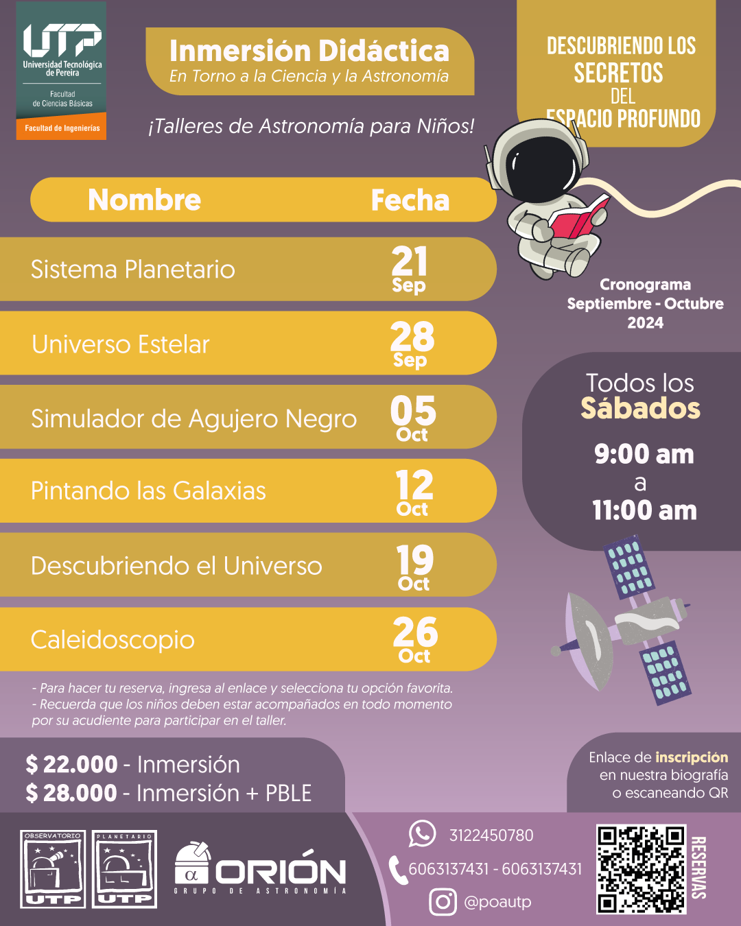 En los meses de septiembre y octubre, el Planetario UTP ofrecerá una serie de talleres interactivos y didácticos dirigidos a niños, jóvenes y adultos interesados en explorar los misterios del espacio. Bajo el lema "Convirtámonos en investigadores de los secretos del espacio profundo", estos encuentros buscan despertar la curiosidad científica a través de actividades lúdicas y educativas.