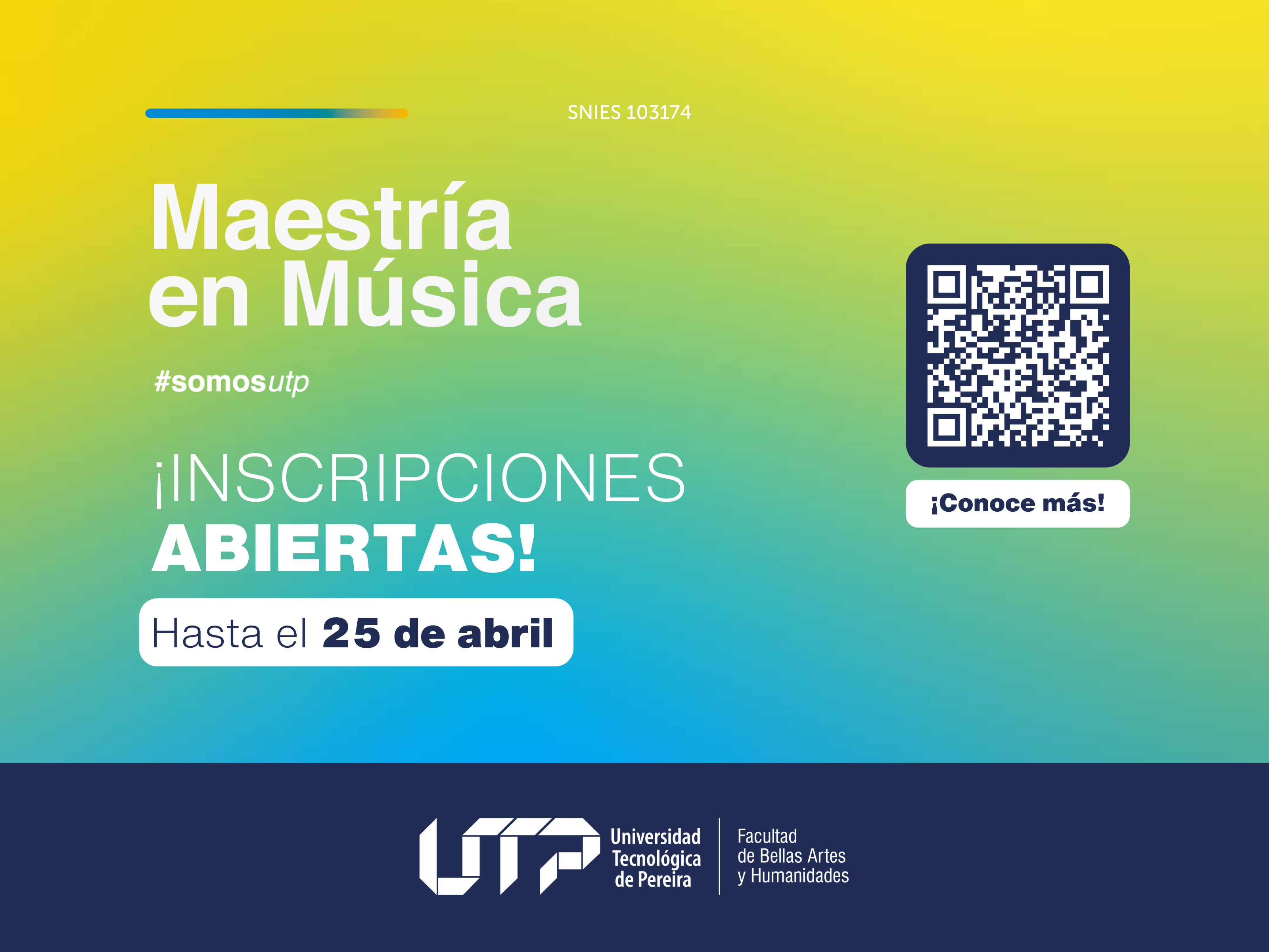La Universidad Tecnológica de Pereira, a través de la Facultad de Bellas Artes y Humanidades, anuncia la apertura de inscripciones para su programa de Maestría en Música, un posgrado orientado a la profundización académica en teoría y lenguajes de la música, dirigido a profesionales que deseen actualizar y ampliar sus competencias en el campo de la interpretación, la composición y la investigación musical.