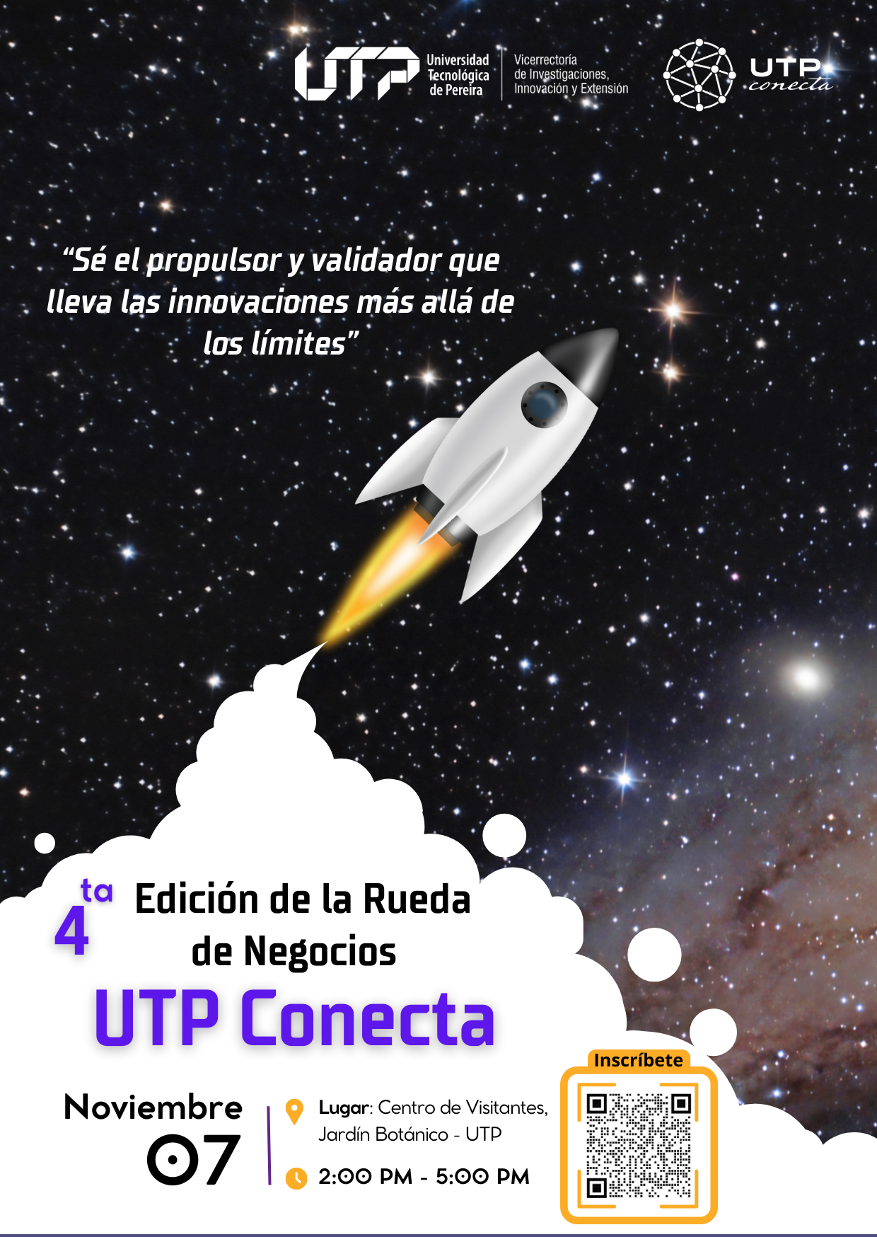 La Vicerrectoría de investigaciones, Innovación y Extensión de la Universidad Tecnológica de Pereira, tiene el gusto de anunciar la cuarta edición de la rueda de negocios UTP Conecta, un evento diseñado para fortalecer vínculos y abrir nuevas oportunidades de relacionamiento que nos permitan aunar esfuerzos como actores de desarrollo de nuestro Departamento.