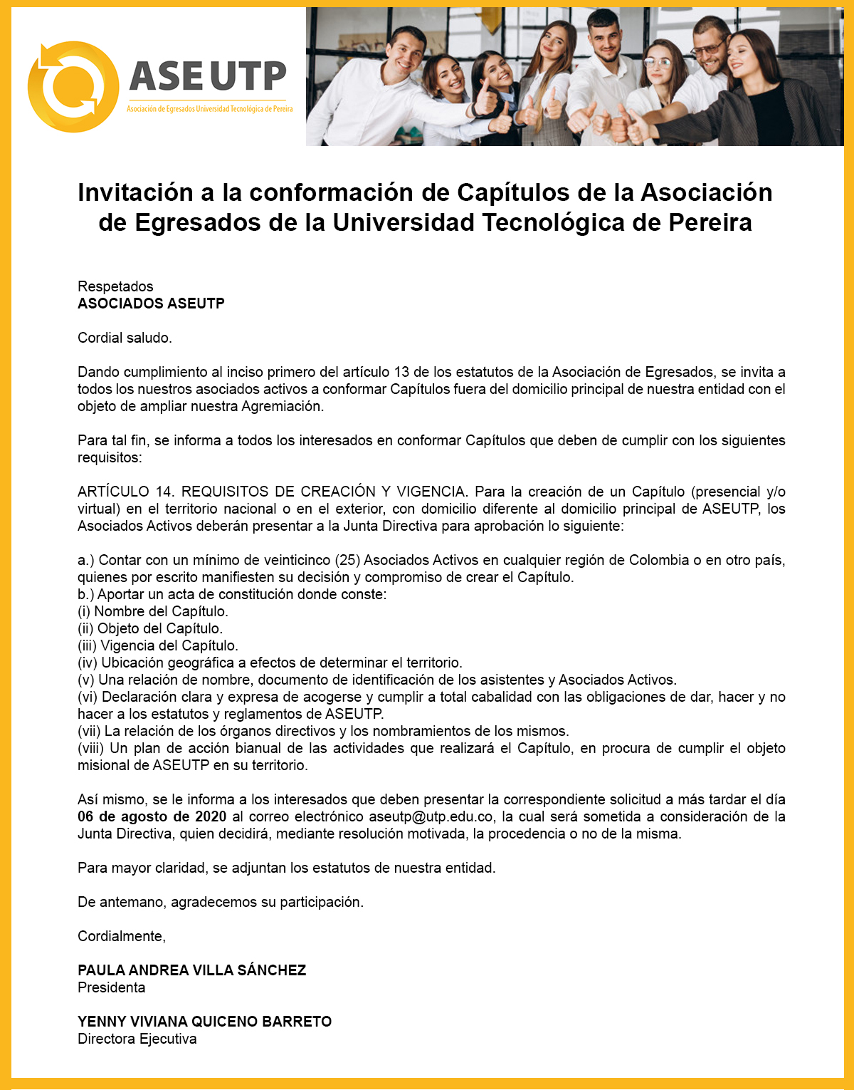 Invitación a la conformación de Capítulos de la Asociación de Egresados de la Universidad Tecnológica de Pereira
