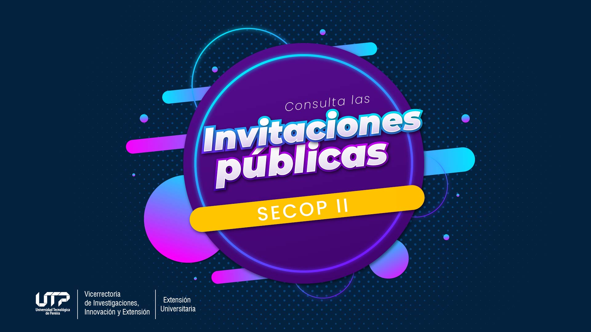 Desde la Vicerrectoría de Investigaciones, Innovación y Extensión compartimos a toda la comunidad académica y administrativa de la Universidad las invitaciones públicas que se encuentran vigentes en la plataforma SECOP II y a la cual podrán postularse una vez revisados los requisitos. En el siguiente recuadro, encontrarán la siguiente información: el contratante, el número del proceso con el cual podrán realizar la búsqueda en la plataforma, la descripción de la oferta (objeto contractual), la fecha máxima para presentación de ofertas y el valor: