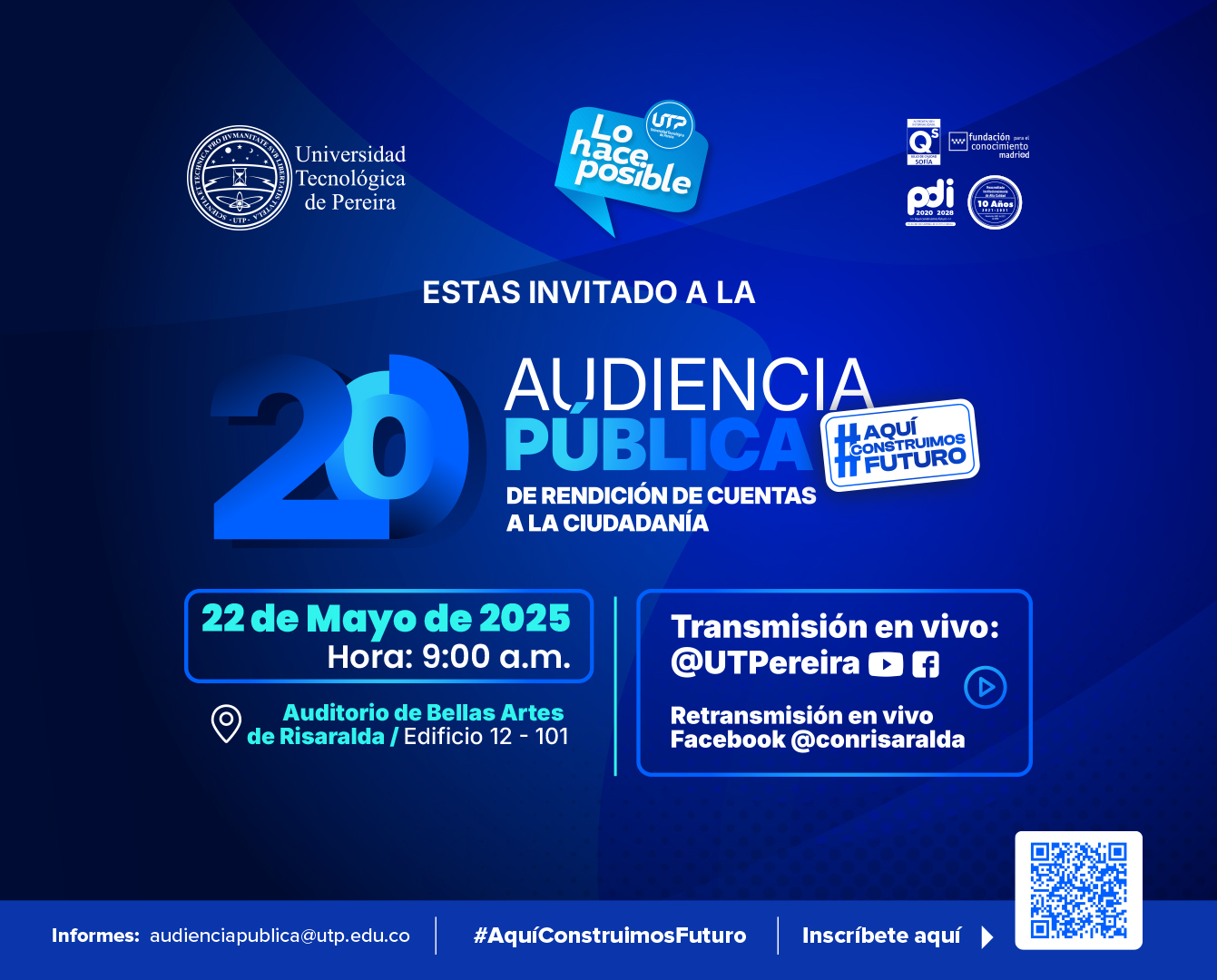 La Universidad Tecnológica de Pereira invita a toda su comunidad universitaria a ser parte activa de la 20.ª Audiencia Pública de Rendición de Cuentas a la Ciudadanía, un espacio institucional para conocer, consultar y expresar inquietudes sobre el presente y futuro de la Universidad.