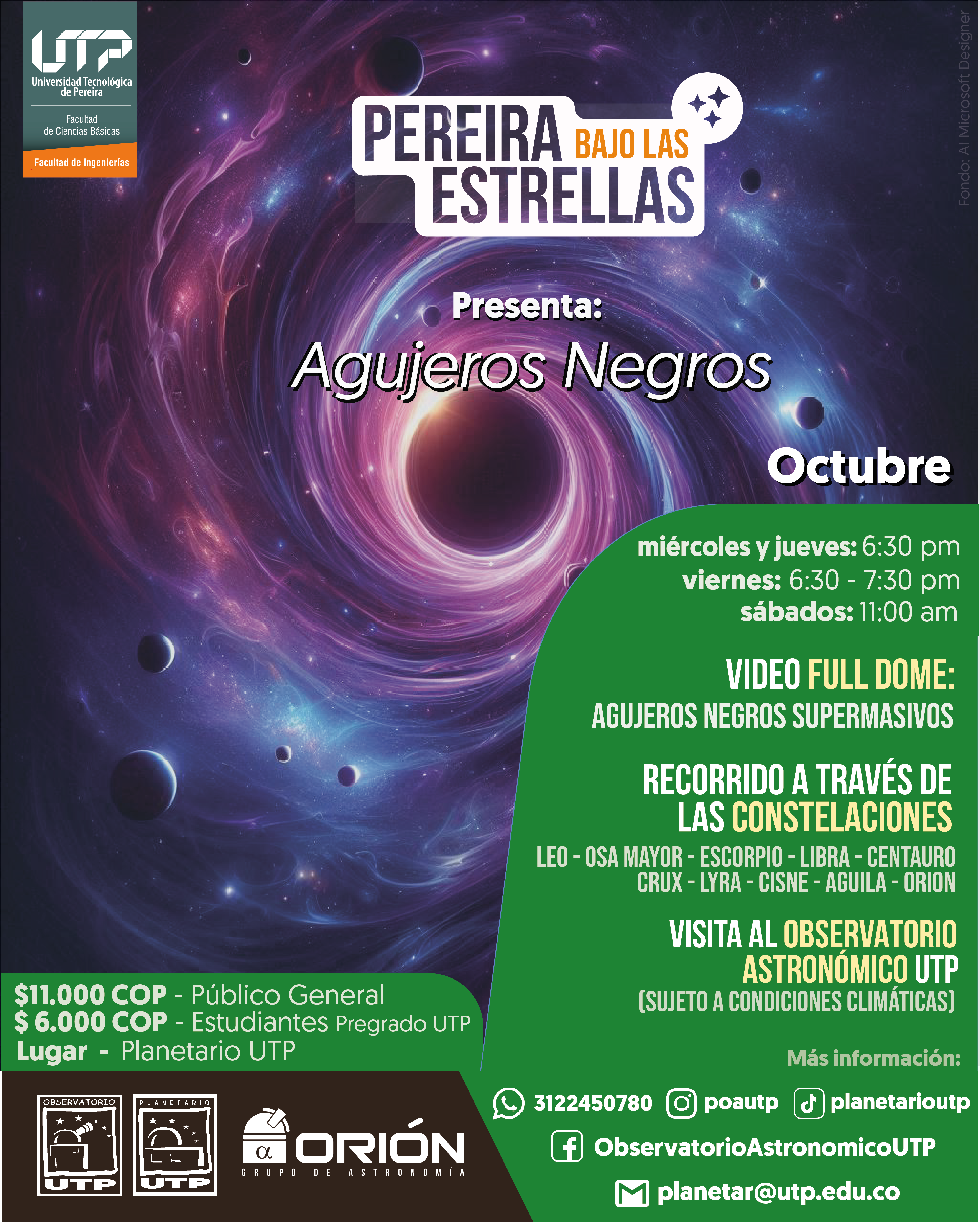 Este mes de octubre, el Planetario y Observatorio Astronómico de la Universidad Tecnológica de Pereira invita a toda la comunidad a sumergirse en los misterios del universo a través de su evento Pereira Bajo las Estrellas. Los asistentes podrán explorar los fascinantes secretos de los Agujeros Negros, fenómenos que retan nuestra comprensión del espacio y el tiempo.