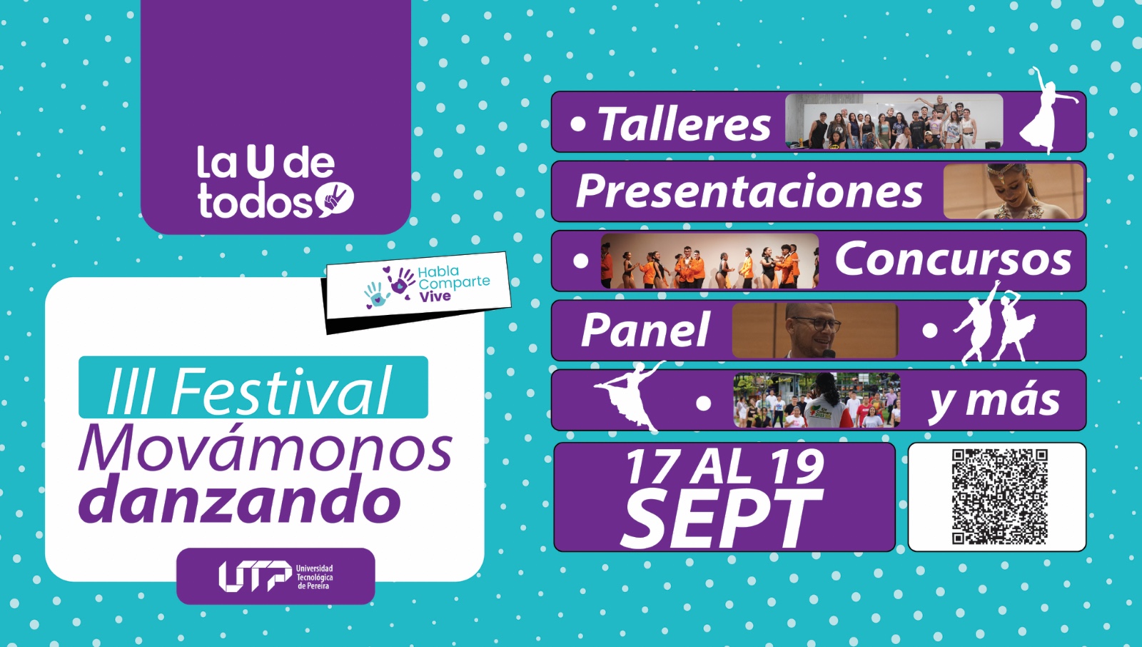 La Universidad Tecnológica de Pereira realizará la tercera versión del Festival Universitario de Baile, Cultura y Bienestar: Movámonos Danzando 2025, del 17 al 19 de septiembre. Esta actividad es liderada desde la Vicerrectoría de Responsabilidad Social y Bienestar Universitario, en el marco de la campaña Habla, Comparte y Vive de la Política de Bienestar Institucional, consolidándose como un espacio que fortalece la identidad cultural, promueve hábitos de vida saludables y fomenta la integración universitaria en la UTP.