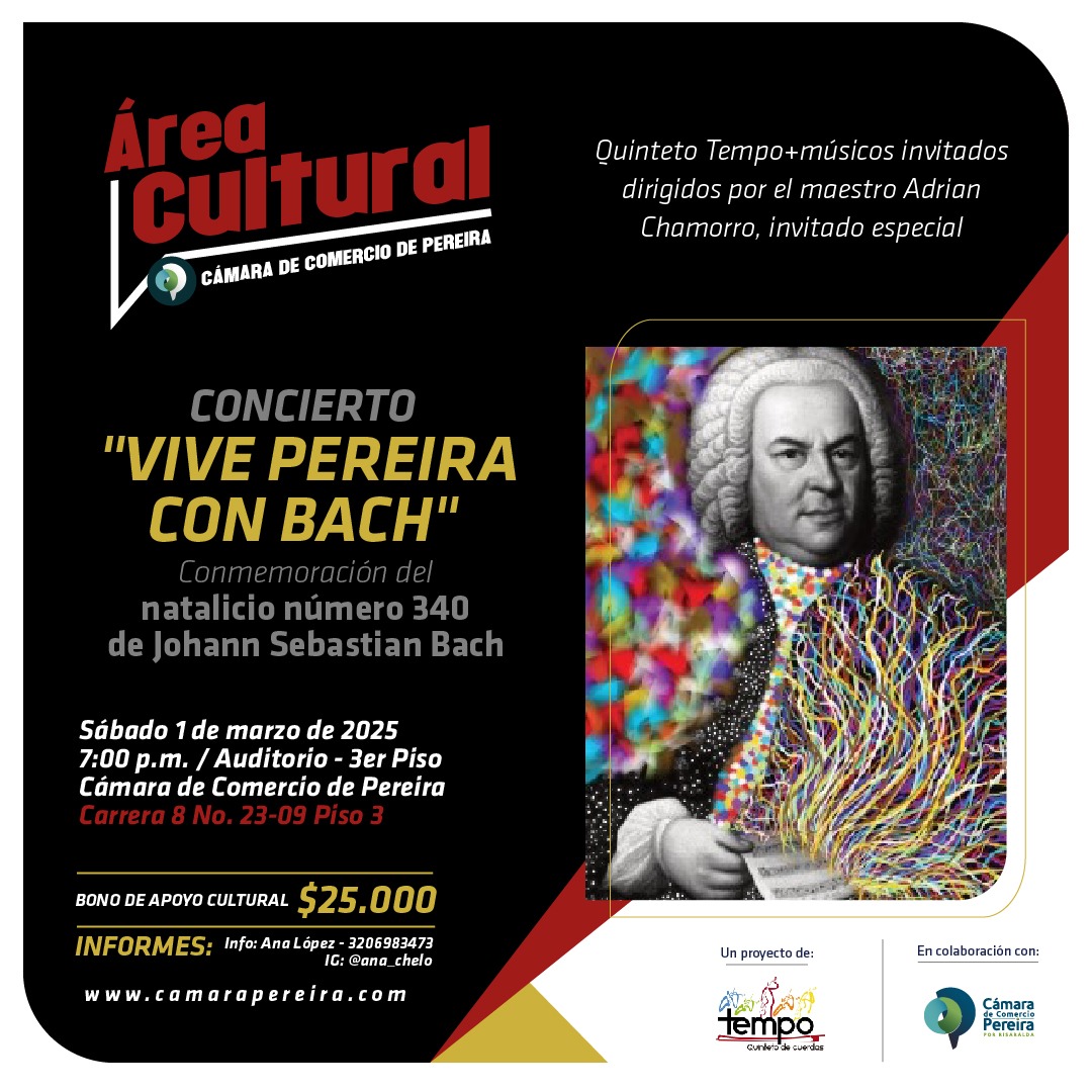 La Universidad Tecnológica de Pereira (UTP), a través de la Licenciatura en Música, invita a la comunidad universitaria y al público en general a disfrutar del concierto "Vive Pereira con Bach", una velada que rendirá homenaje al legado del célebre compositor alemán Johann Sebastian Bach.