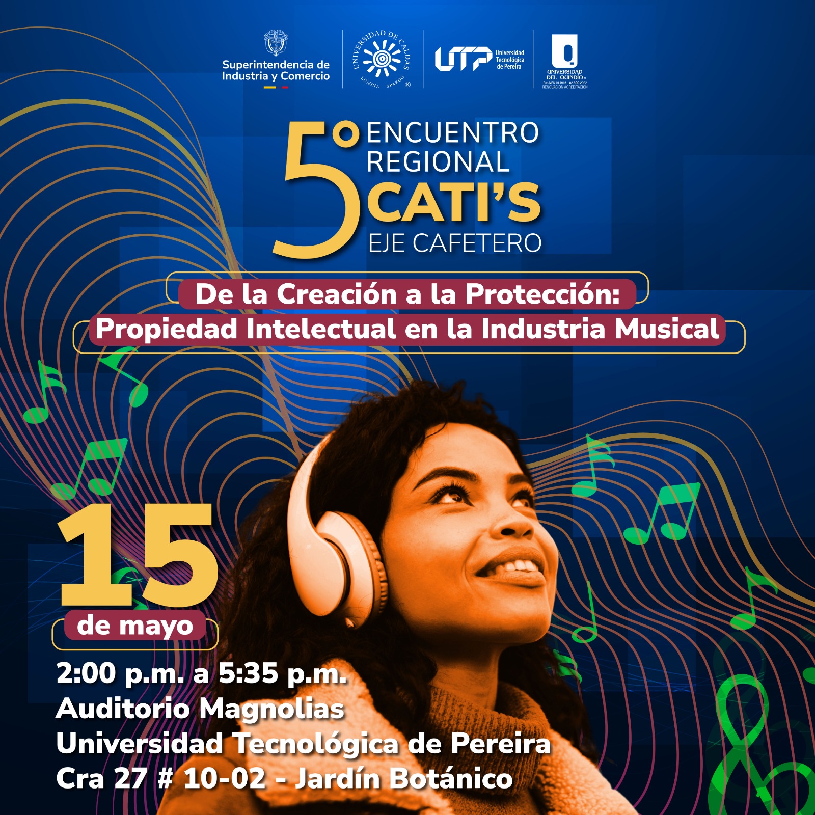 La Universidad Tecnológica de Pereira se prepara para recibir a investigadores, docentes, emprendedores y representantes del sector productivo en el 5.º Encuentro Regional de los Centros de Apoyo a la Tecnología y la Innovación (CATI’s), un espacio que este año conecta la propiedad intelectual con la industria musical como fuente de creatividad y desarrollo.