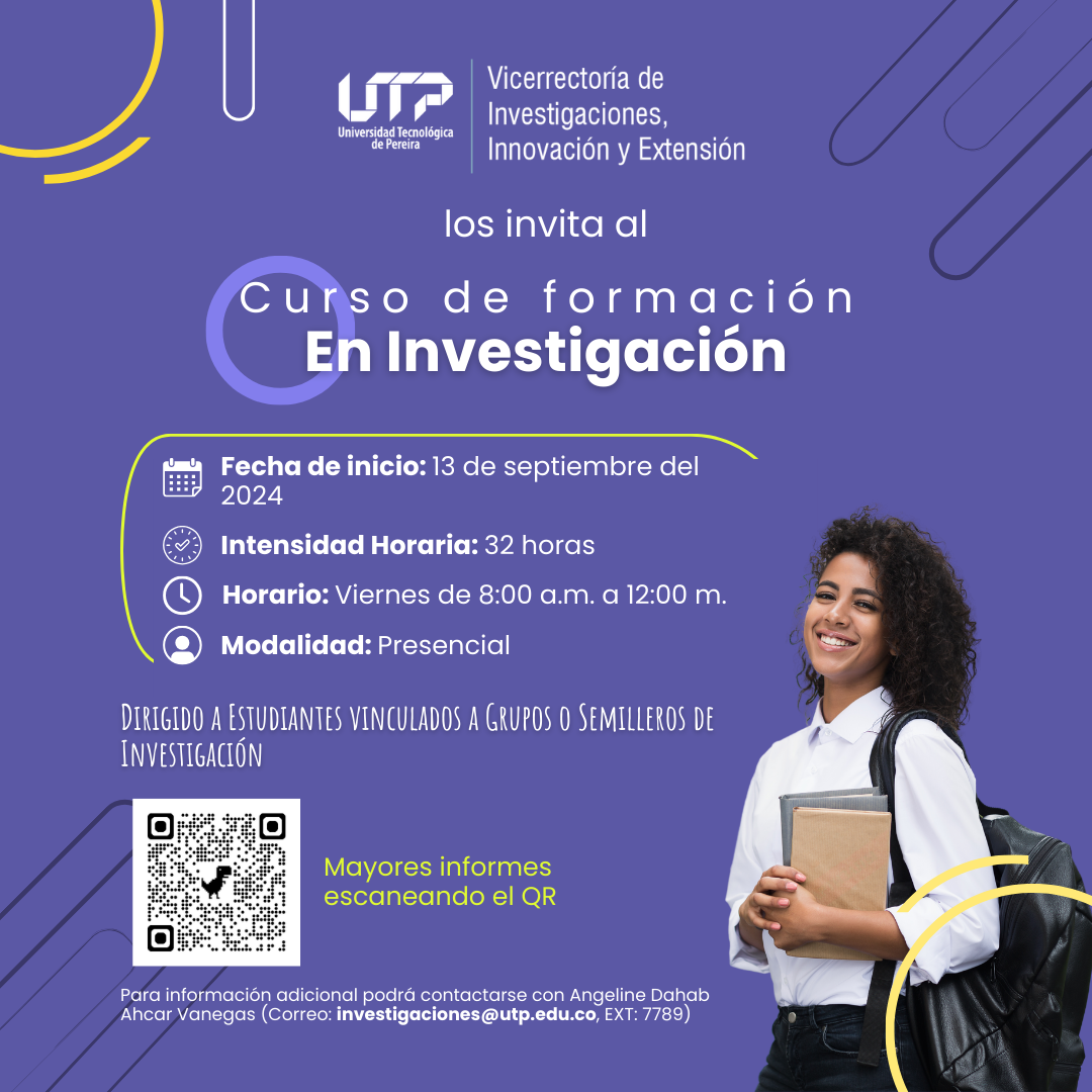 La Universidad Tecnológica de Pereira ha abierto la convocatoria para que estudiantes semilleristas y miembros de grupos de investigación se inscriban en el curso de investigación científica, el cual busca fortalecer sus habilidades y competencias en este campo. Este programa de formación se realizará los viernes de 8:00 a.m. a 12:00 m, comenzando el 13 de septiembre y finalizando el 8 de noviembre de 2024. Las sesiones cubrirán temáticas clave para mejorar el proceso investigativo de los participantes.