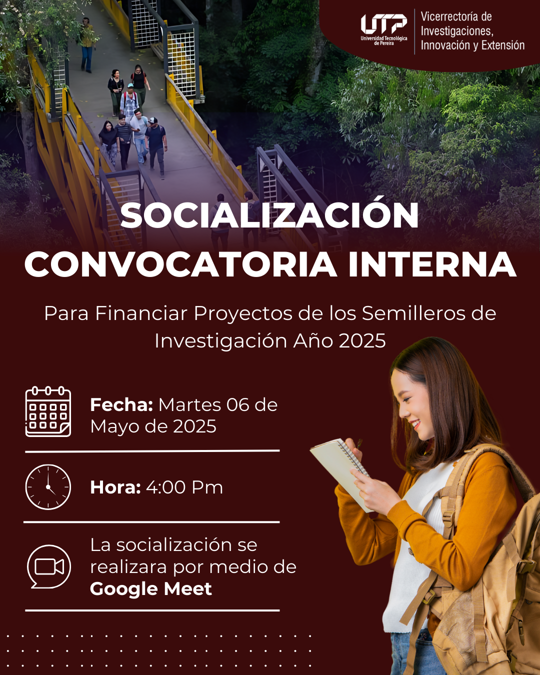 La Vicerrectoría de Investigaciones, Innovación y Extensión lidera este espacio dirigido a estudiantes y docentes vinculados a semilleros de investigación de la Universidad Tecnológica de Pereira.
