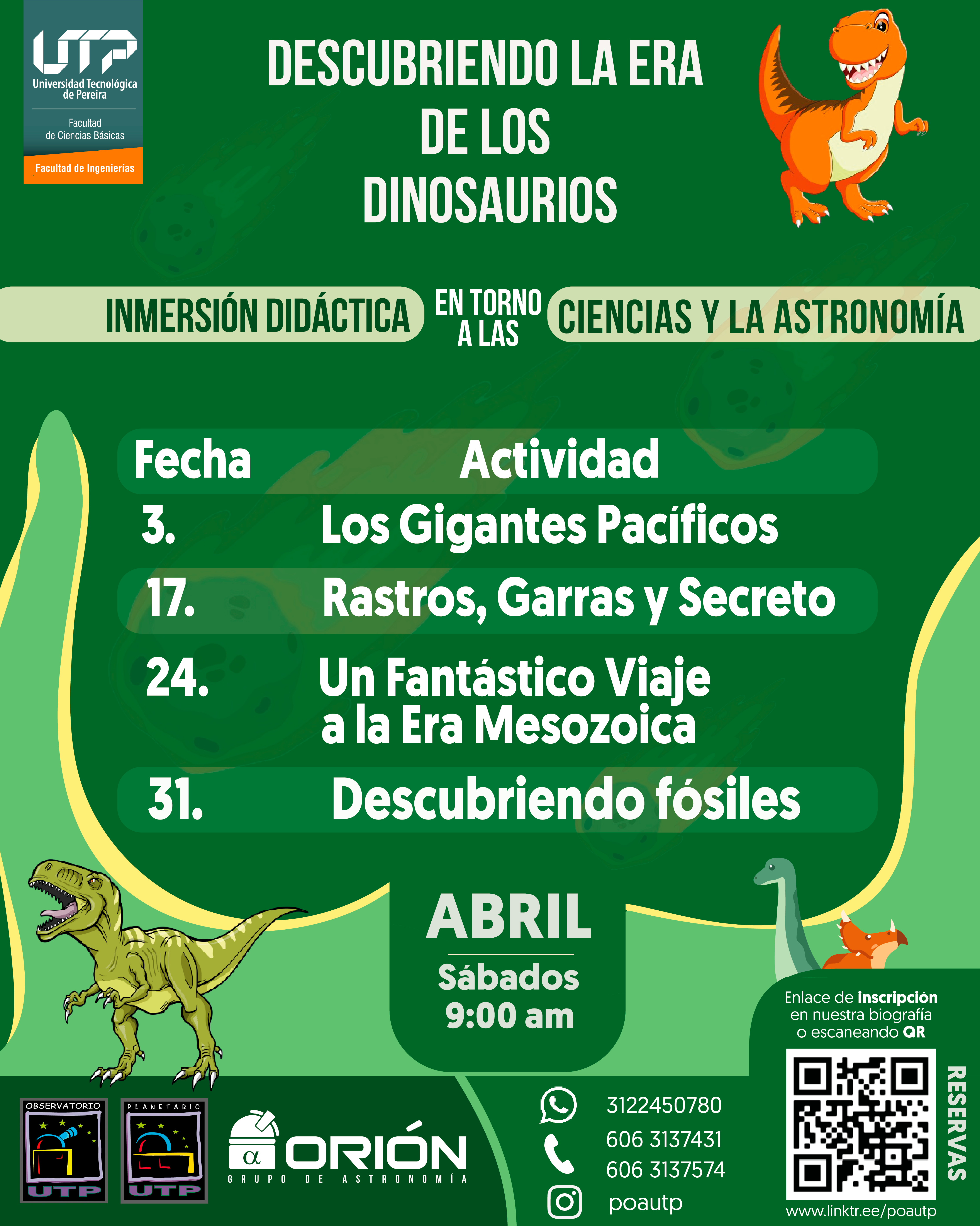 Durante todos los sábados del mes de mayo, el Planetario de la Universidad Tecnológica de Pereira abrirá sus puertas a la infancia y las familias con una nueva edición de sus Inmersiones Didácticas de las Ciencias y la Astronomía, bajo la temática “Descubriendo la era de los Dinosaurios”. Esta iniciativa busca fomentar la curiosidad, el pensamiento científico y el aprendizaje a través del juego y la exploración.