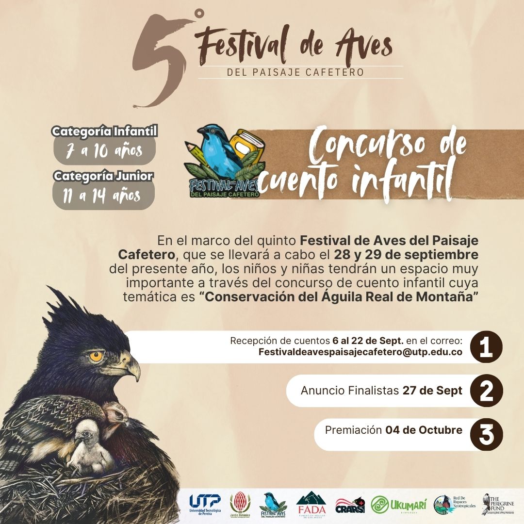 El Festival de Aves del Paisaje Cafetero, en su quinta edición, ha abierto las puertas para una nueva oportunidad creativa dirigida a los más pequeños. En el marco de este festival, se lanza el concurso de cuento infantil "Honrando la reina de los cielos andinos, el águila real de montaña", cuyo objetivo es promover la creatividad literaria entre los niños y niñas, así como concienciar sobre la importancia de la conservación del águila real de montaña y su hábitat. 