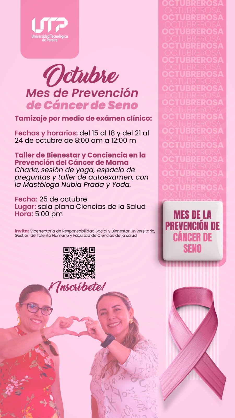 La Universidad Tecnológica de Pereira lanzó esta campaña de prevención de cáncer de mama con el objetivo de concienciar a la comunidad universitaria y a la población en general sobre la importancia de la detección temprana y el autocuidado, en el marco del mes de la prevención de cáncer de mama.