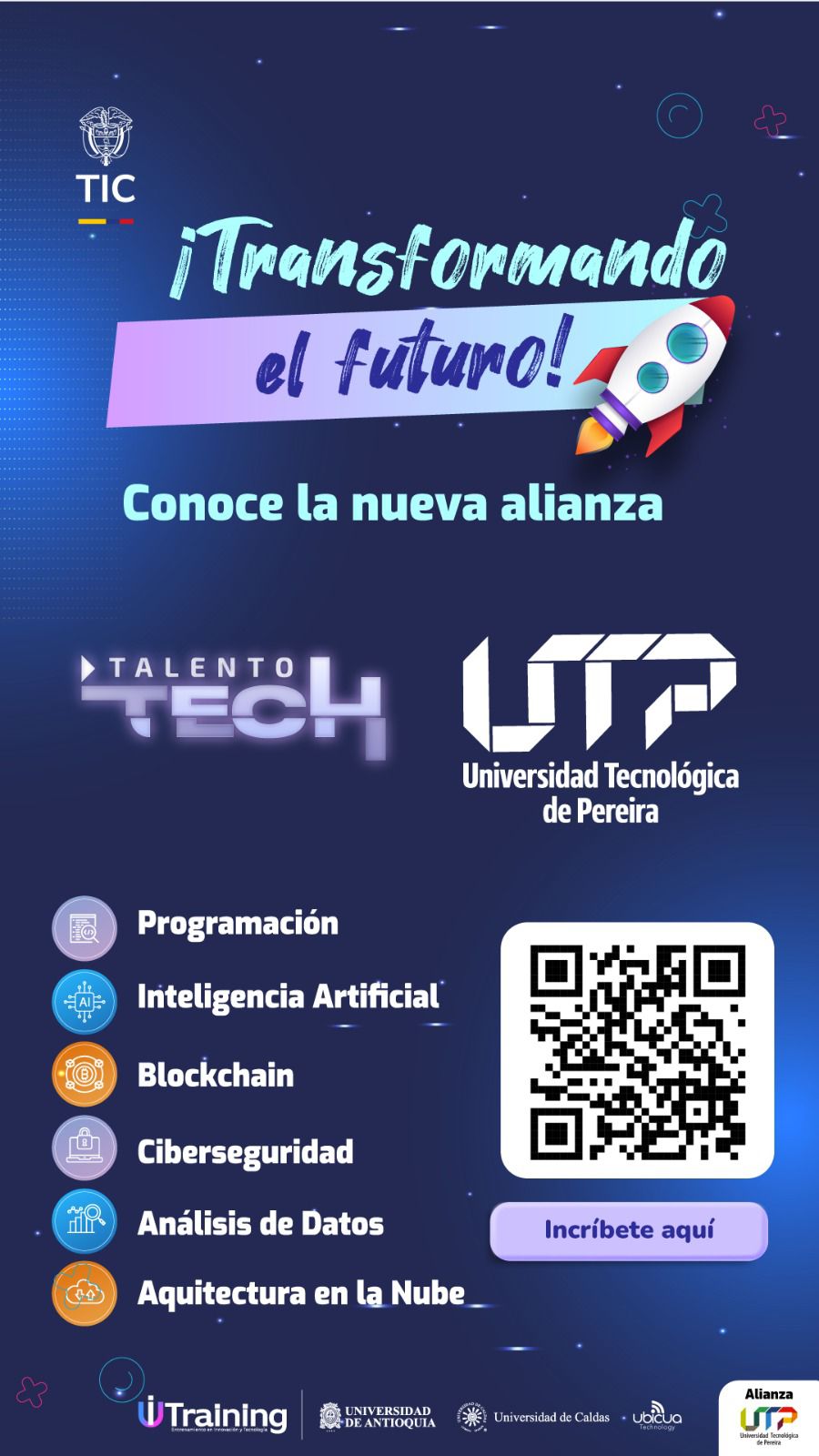 La Universidad Tecnológica de Pereira ha establecido una alianza estratégica con Talento TECH, un programa liderado por el Ministerio de las TIC en colaboración con la Universidad de Caldas y la Universidad de Antioquia. Esta iniciativa ofrecerá formación gratuita en áreas de alta demanda tecnológica como programación, inteligencia artificial, blockchain, ciberseguridad, análisis de datos y arquitectura en la nube. Los cursos están dirigidos a estudiantes, profesores y toda la comunidad interesada en adquirir o fortalecer habilidades en estas áreas clave para el futuro laboral.