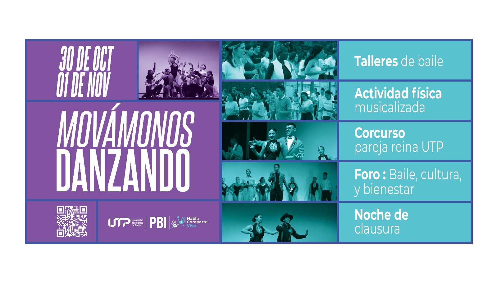 En el marco de la iniciativa “Habla, Comparte y Vive” de nuestra Política de Bienestar Institucional, se celebrará el festival Movámonos Danzando, un evento que busca fomentar hábitos de vida saludable a través de la danza y la actividad física.  