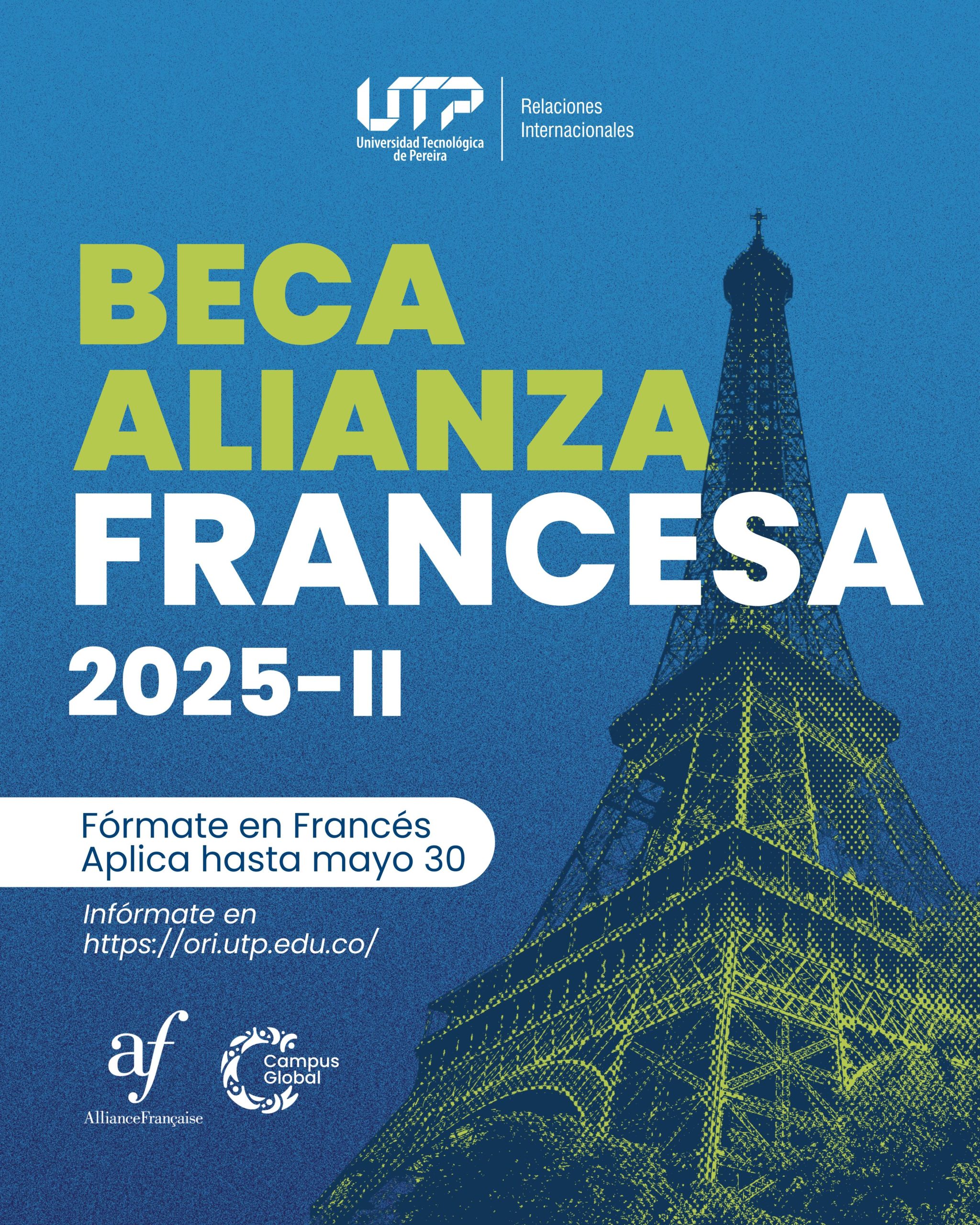 La Universidad Tecnológica de Pereira, a través de la Oficina de Relaciones Internacionales, informa a la comunidad estudiantil de pregrado que se encuentra abierta la convocatoria para la Beca Alianza Francesa 2025-II, una iniciativa que promueve el aprendizaje del idioma francés como herramienta fundamental para acceder a programas de movilidad académica en países francófonos.