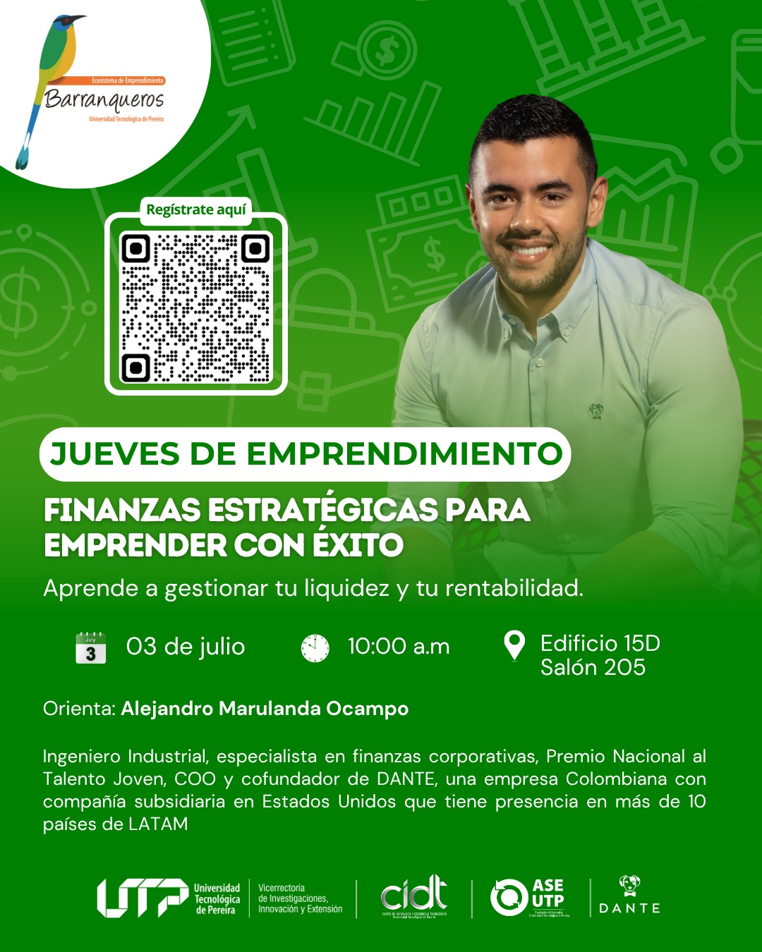 La Universidad Tecnológica de Pereira, a través del Ecosistema Barranqueros de la Vicerrectoría de Investigaciones, Innovación y Extensión y el Centro de Innovación y Desarrollo Tecnológico (CIDT), invita a la comunidad universitaria a participar en una nueva edición del Jueves de Emprendimiento, un espacio diseñado para fortalecer habilidades clave en el desarrollo de ideas de negocio.