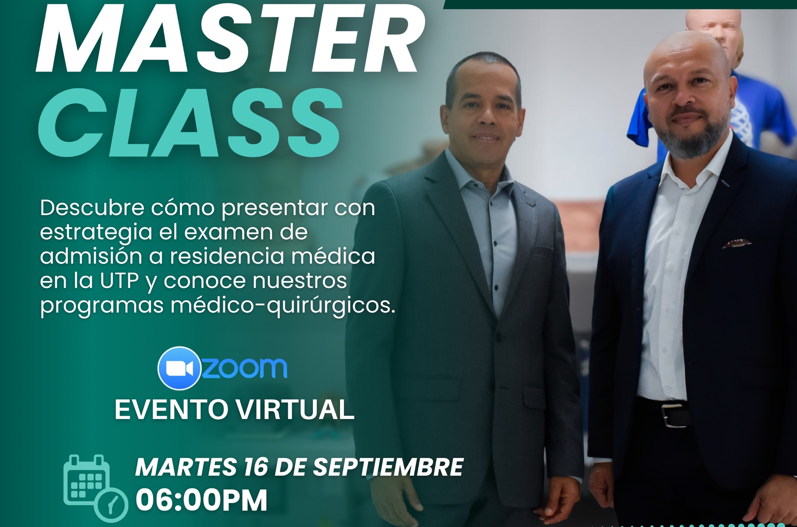 La Facultad de Ciencias de la Salud, comprometida con la excelencia en la formación de especialistas, abre un nuevo espacio de orientación para los profesionales de la salud que aspiran a continuar su camino académico en el área de los posgrados médico-quirúrgicos. Se trata de un Masterclass, un escenario diseñado para brindar las herramientas necesarias que permitan enfrentar con mayor seguridad y estrategia el examen de admisión, al tiempo que se dan a conocer las oportunidades que ofrece la UTP en este campo.