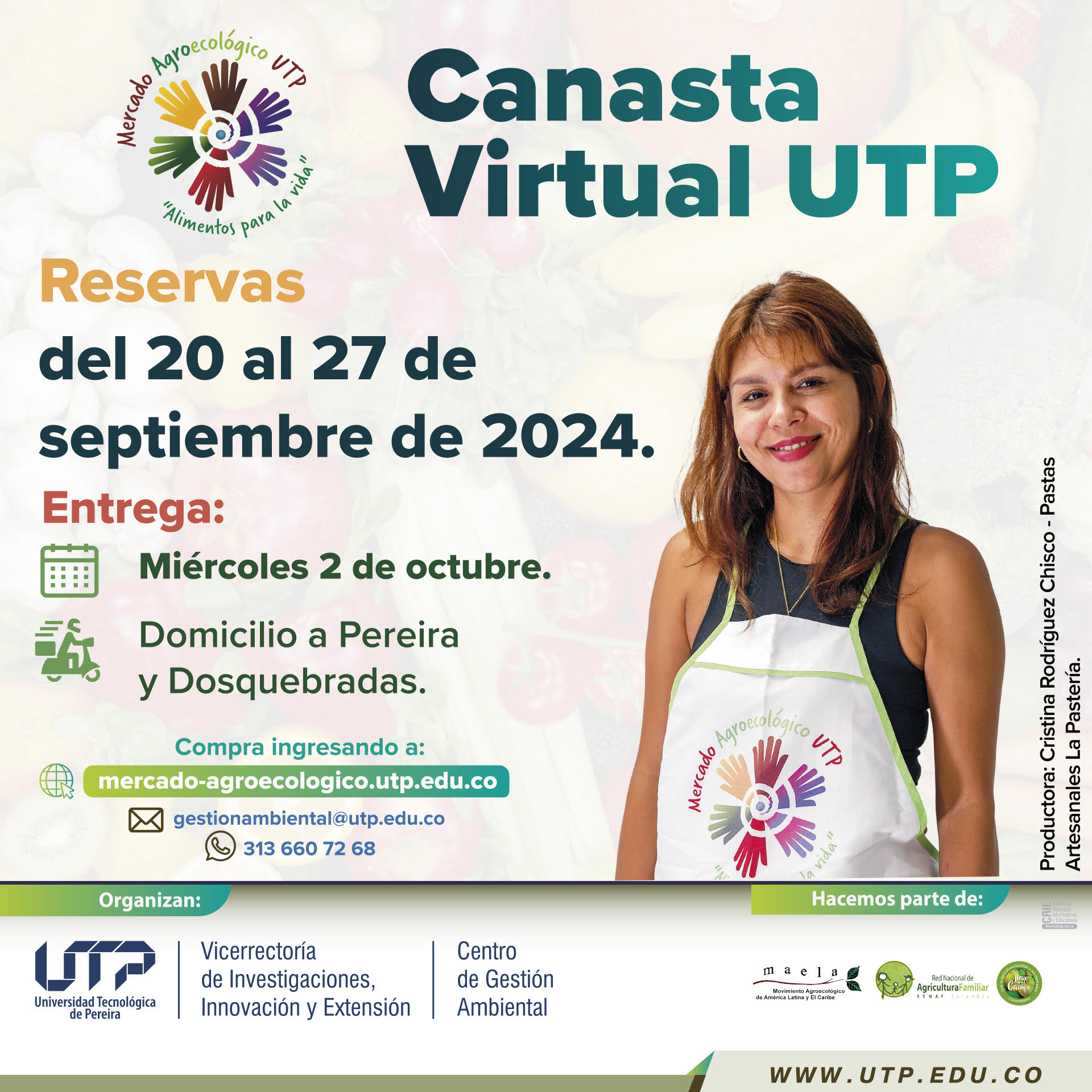 La Universidad Tecnológica de Pereira, a través del Centro de Gestión Ambiental, anuncia la apertura de la Canasta Virtual del Mercado Agroecológico UTP: Alimentos para la Vida, una plataforma que permite a la comunidad adquirir productos locales, ecológicos y provenientes de la agricultura familiar desde la comodidad de su hogar. 