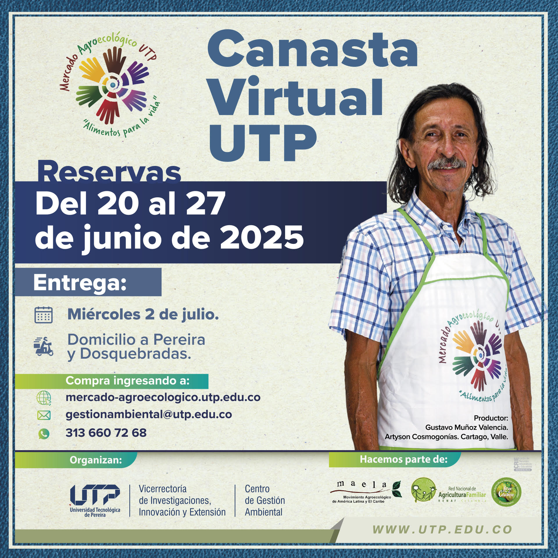 La Universidad Tecnológica de Pereira, a través del Centro de Gestión Ambiental, recuerda a toda la comunidad universitaria y ciudadanía en general que este viernes 27 de junio de 2025 cierra la Canasta Virtual del Mercado Agroecológico UTP. Esta iniciativa, consolidada como una estrategia de sostenibilidad institucional, busca promover el consumo responsable, la soberanía alimentaria y el apoyo a productores locales mediante un sistema de comercio justo, solidario y saludable.